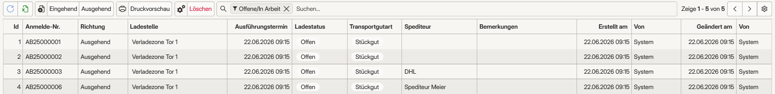 Vordefinierter Filter im Modul Logistikaufträge