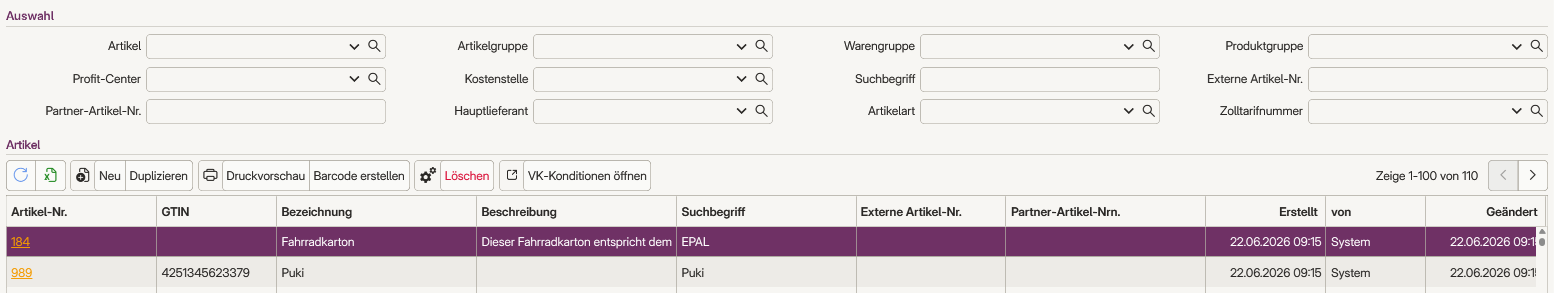 Filterfelder im Artikelstamm