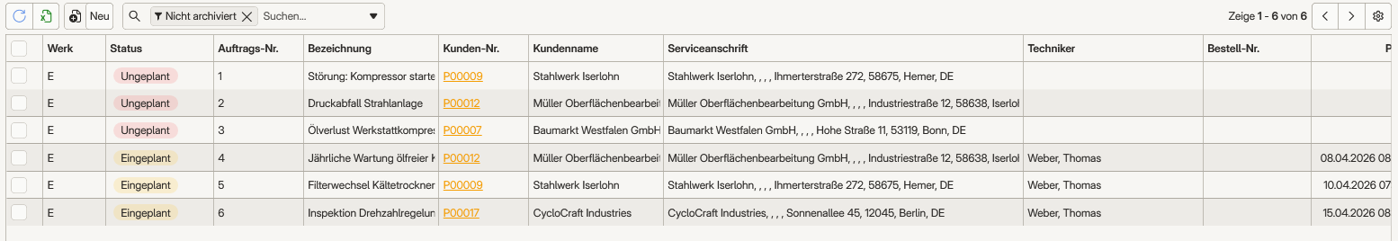 Schnellsuche im Modul Serviceaufträge