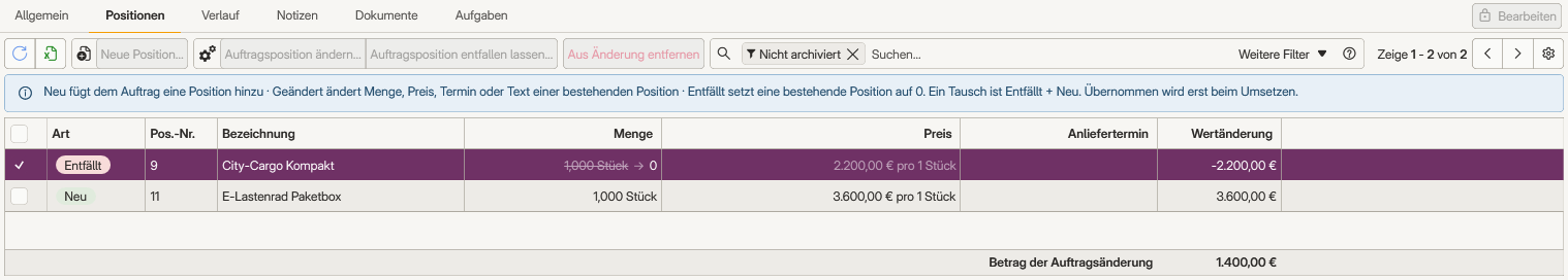 Reiter Positionen einer Auftragsänderung mit einem Tausch