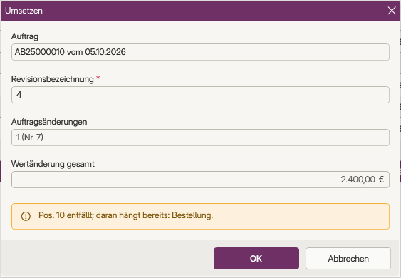 Dialog Umsetzen mit Warnhinweis